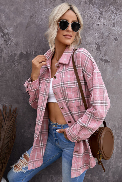 Plaid Pattern Buttoned Shirt Coat With Slits